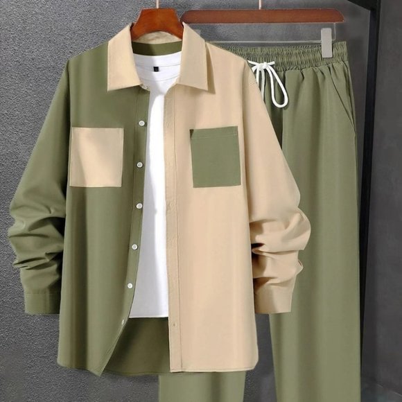Tan And Green Mens Shirt And Pants Set